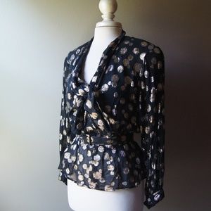 Vintage Halston Top Large Size 12 Black Gold Bow